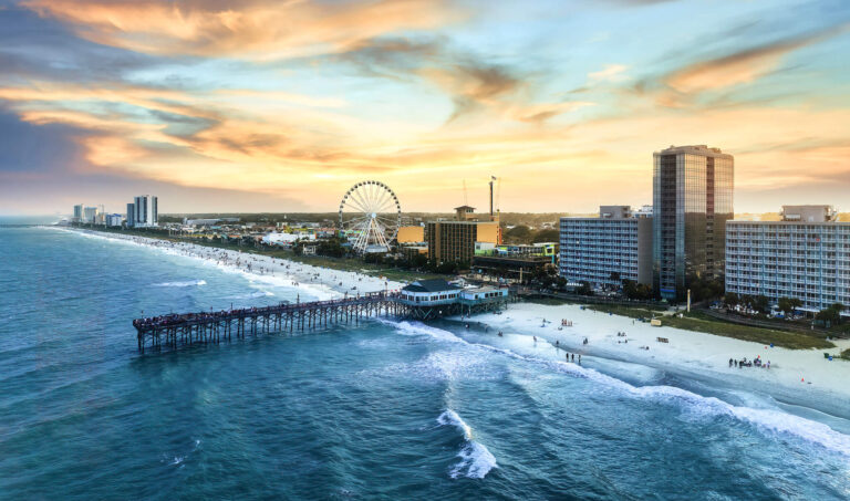 Aerial view of the pier and SkyWheel on the Myrtle Beach Boardwalk and Promenade.