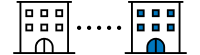 two hotel icons connected by dotted line with blue accents on hotel icon on the right