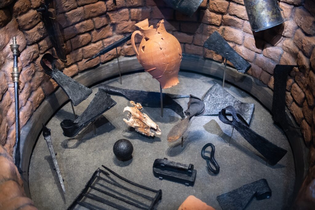 Museum of historical artifacts at Jamestown, Virginia, with exhibits displayed indoors.